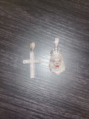 Cubic Zirconia Cross and Lion Head Pendant Set - Silver Tone